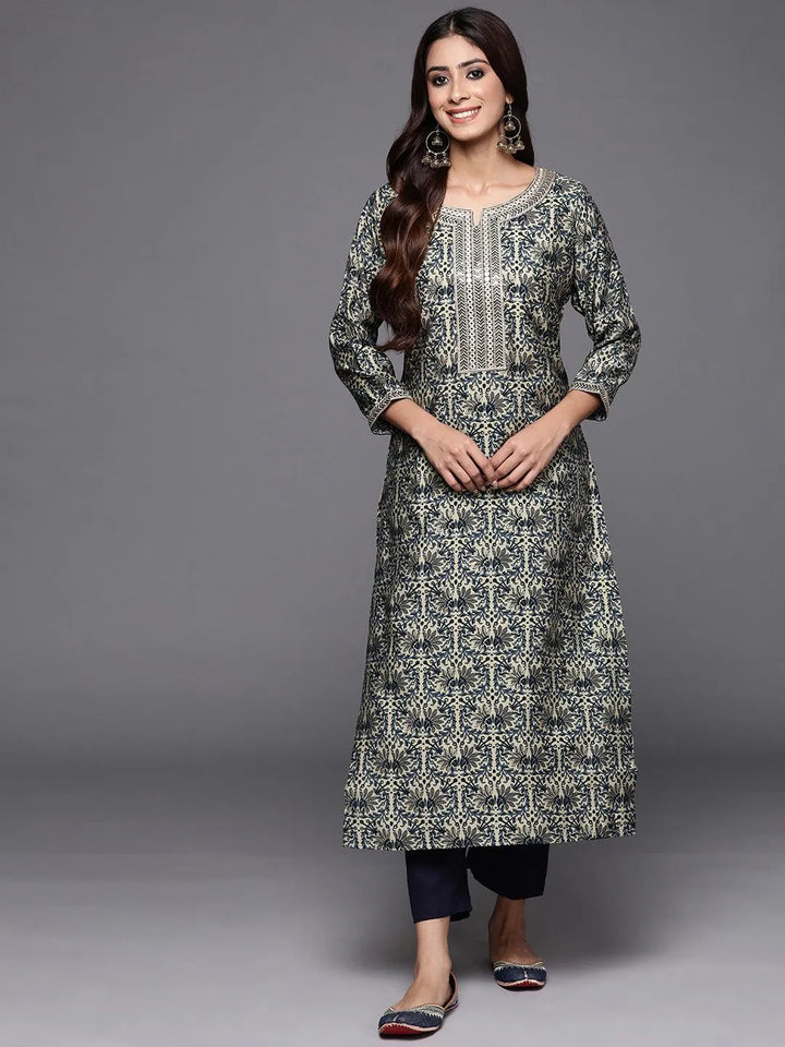 Blue Printed Silk Straight Kurta - Libas