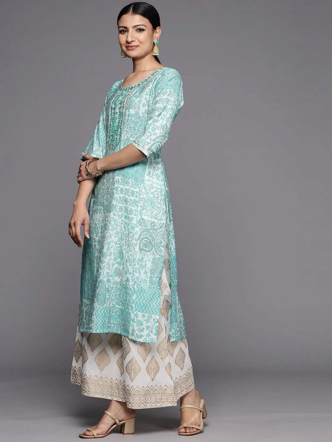 Blue Printed Silk Straight Kurta 
Blue Printed Silk Straight Kurta