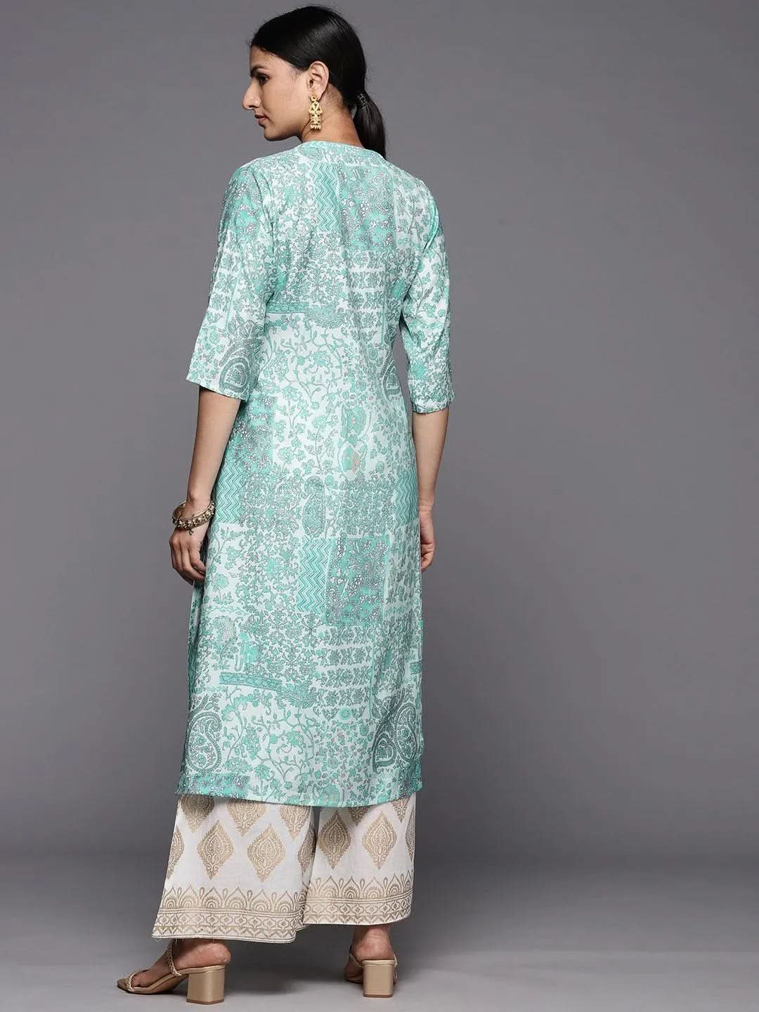 Blue Printed Silk Straight Kurta - Libas