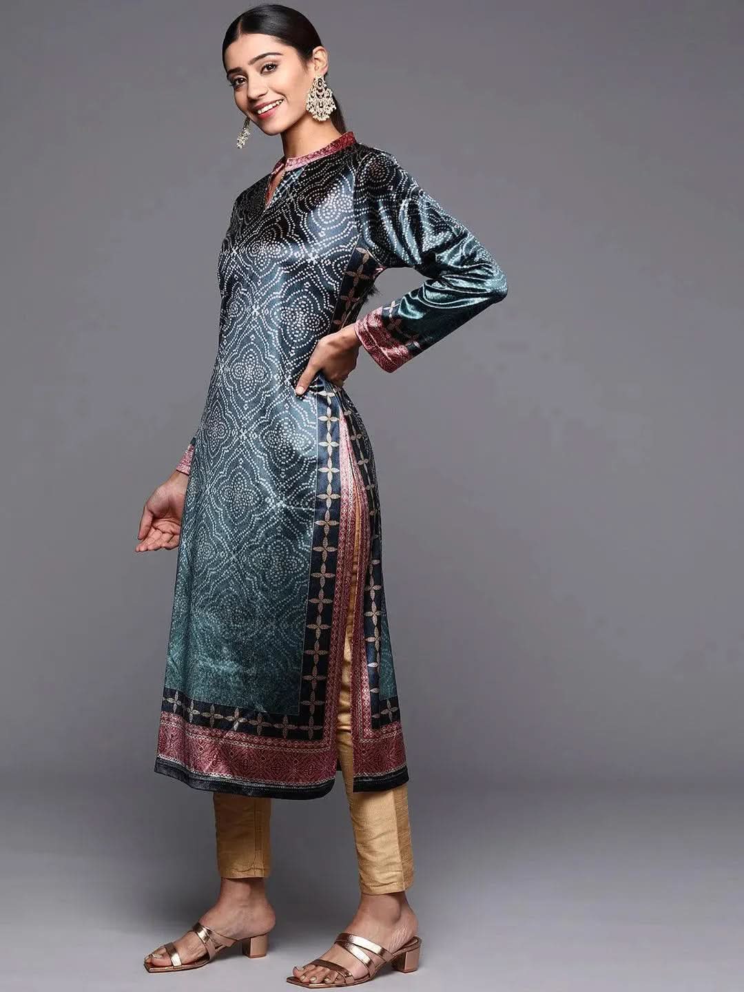 Blue Printed Velvet Straight Kurta - Libas