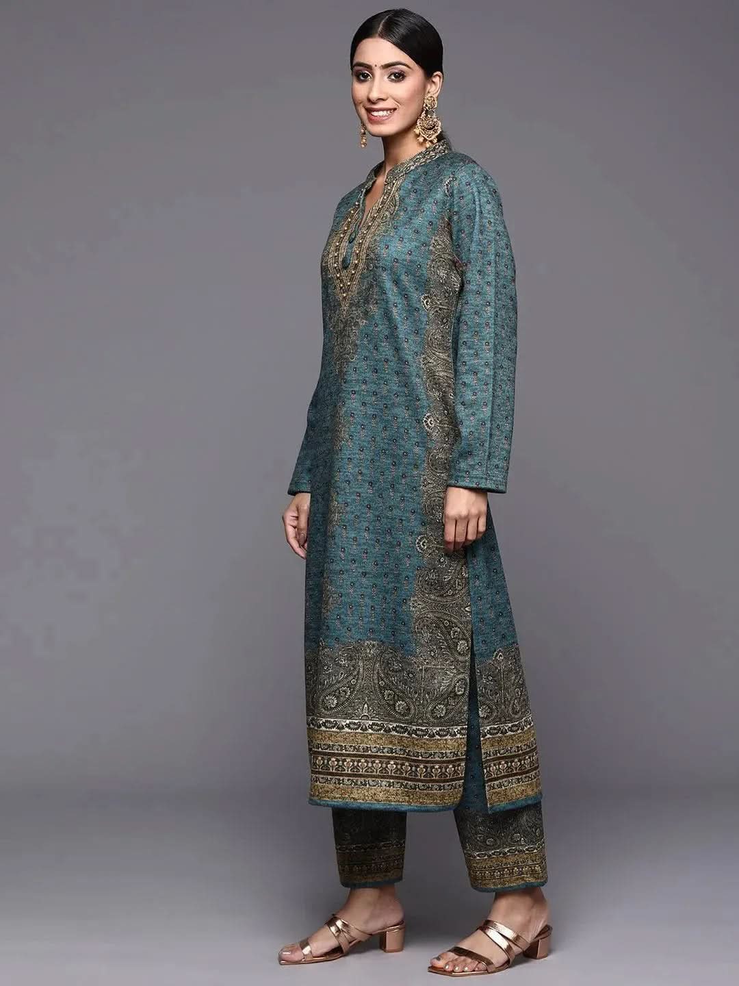 Blue Printed Wool Straight Suit Set - Libas