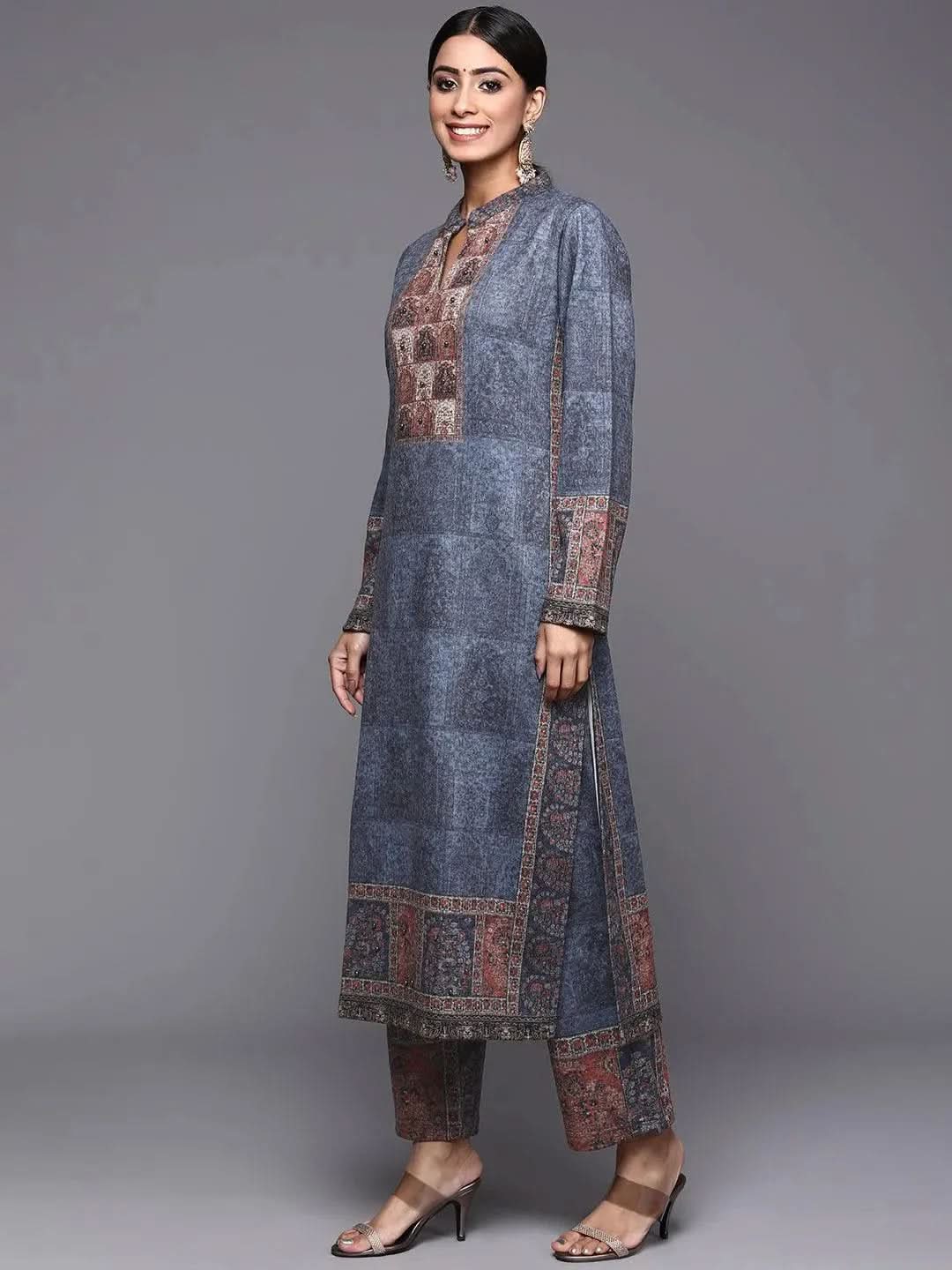 Blue Printed Wool Straight Suit Set - Libas