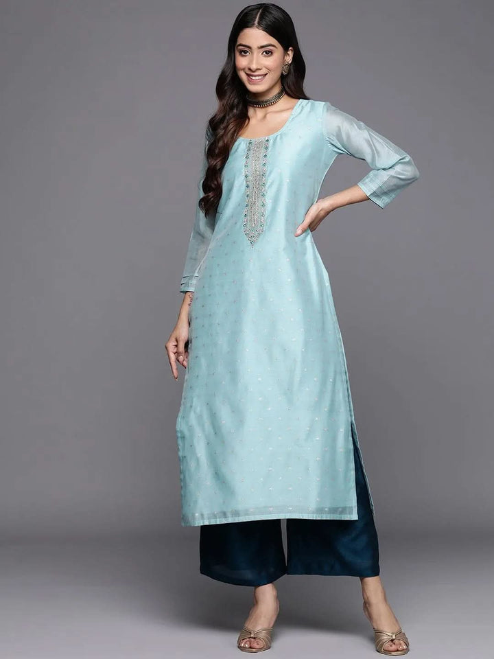 Blue Embellished Chanderi Silk Straight Kurta - Libas