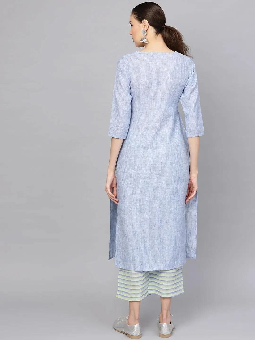 Blue Self Design Cotton Kurta Set - Libas