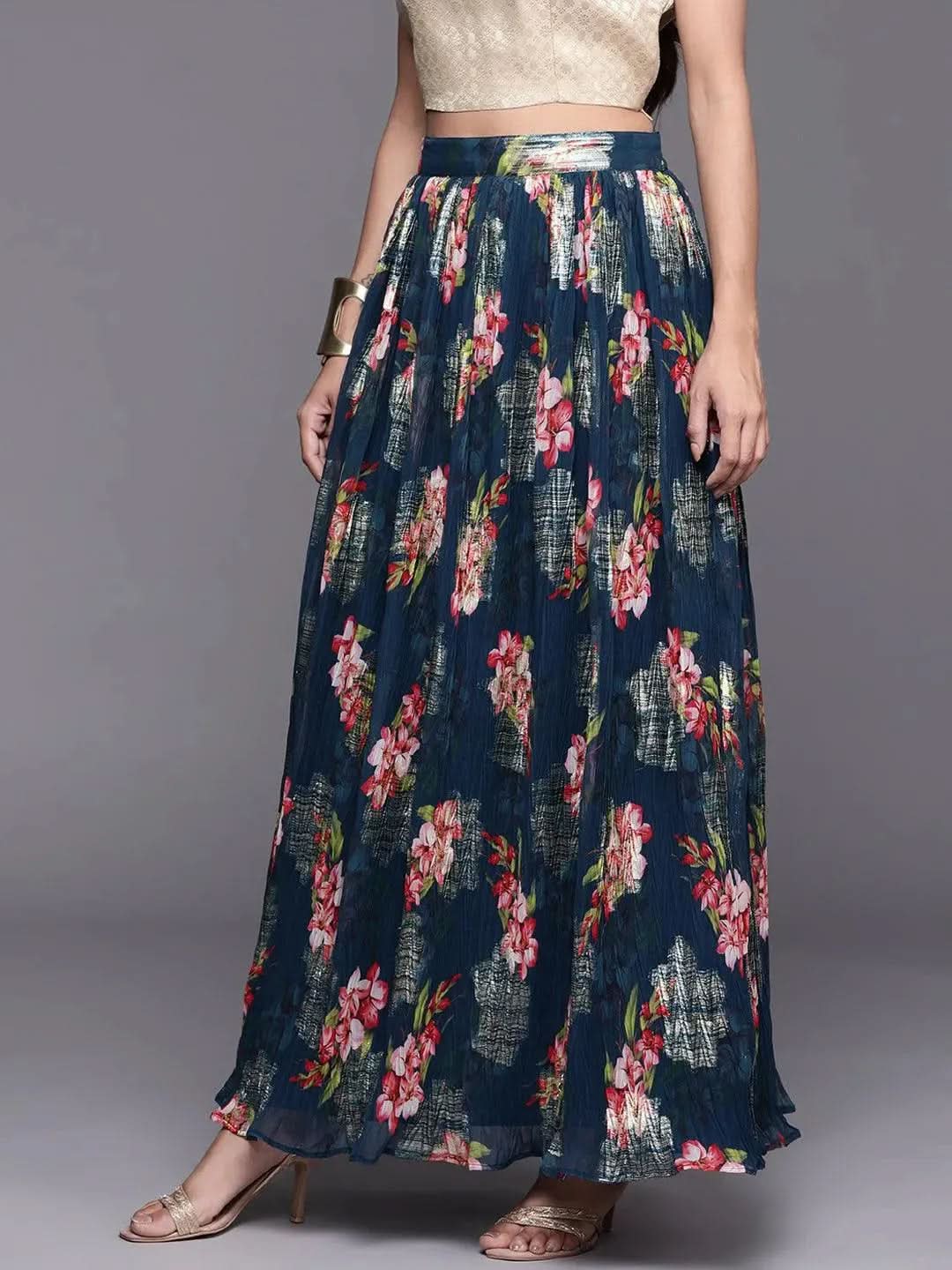 Blue Self Design Organza Skirt - Libas