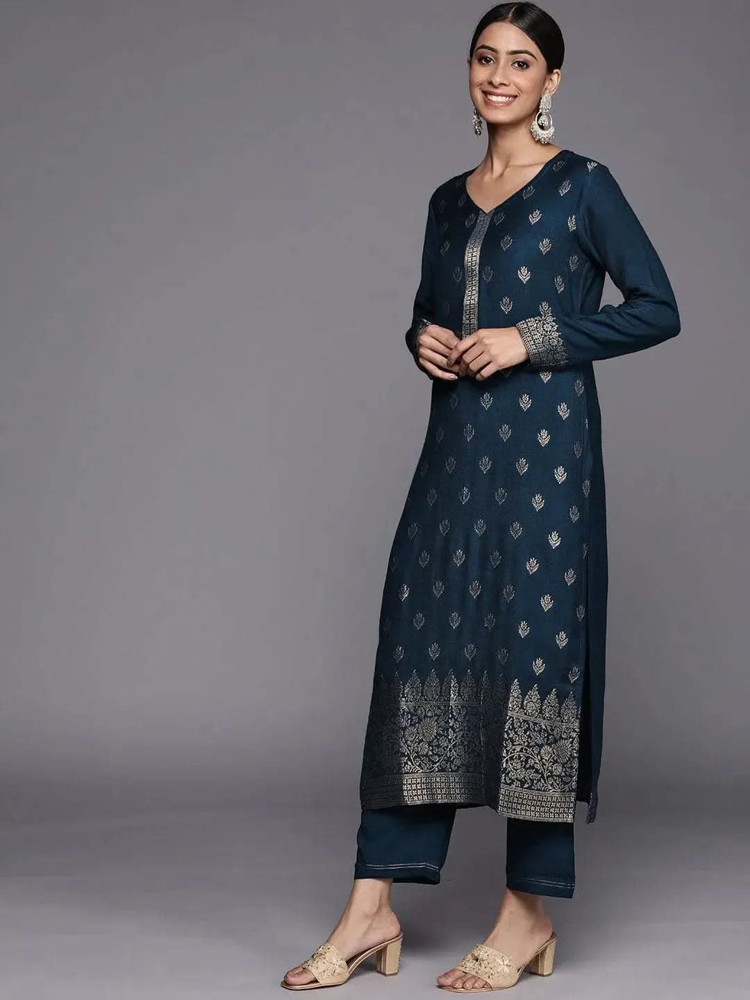 Blue Self Design Pashmina Wool Straight Suit Set - Libas