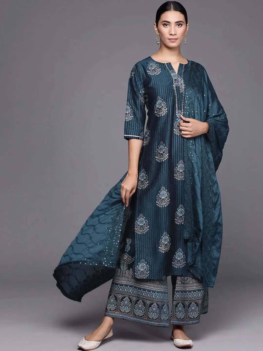 Blue Self Design Silk Blend Suit Set - Libas
