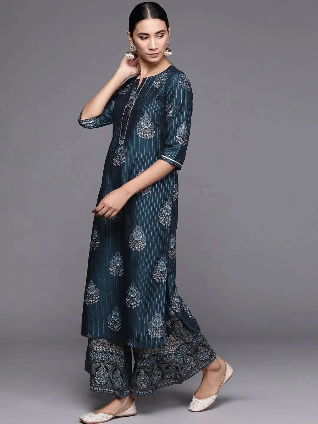 Blue Self Design Silk Blend Suit Set - Libas