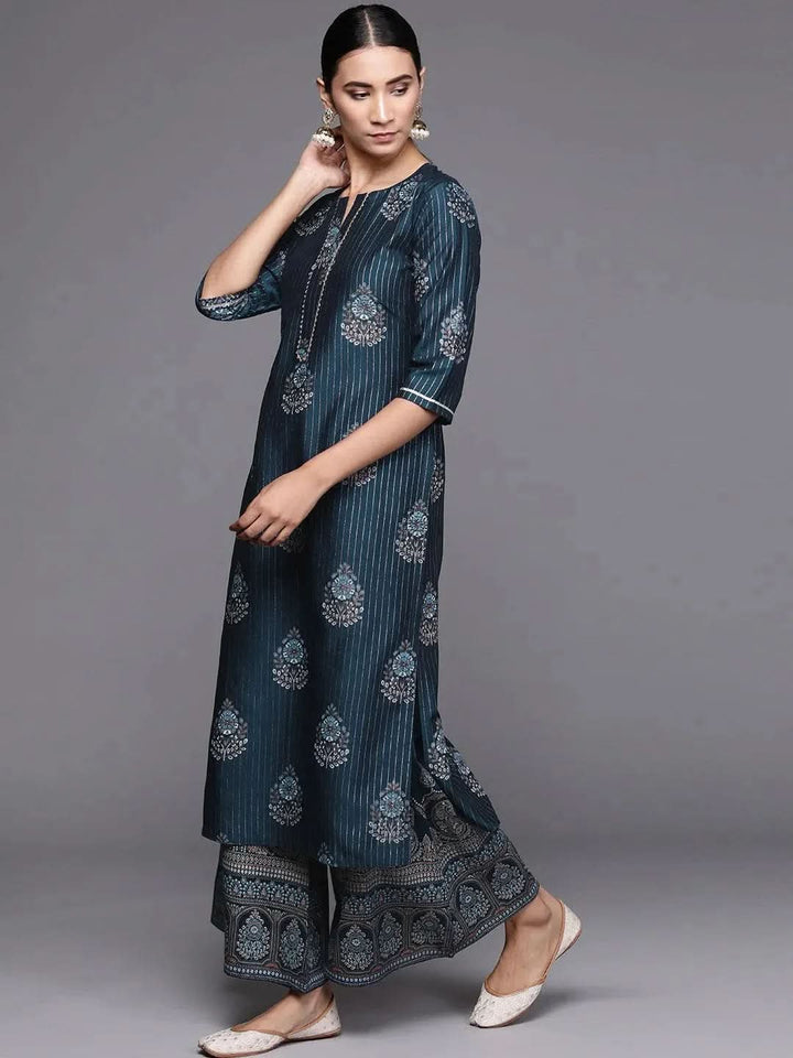 Blue Self Design Silk Blend Suit Set - Libas