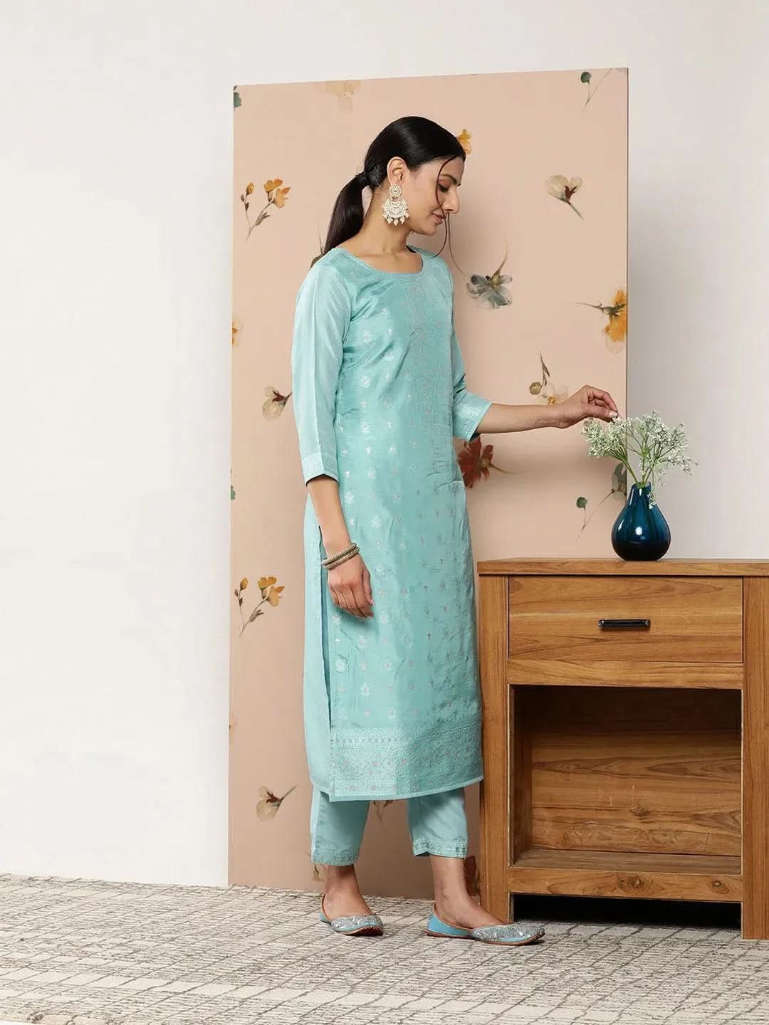 Blue Self Design Silk Blend Suit Set With Trousers - Libas