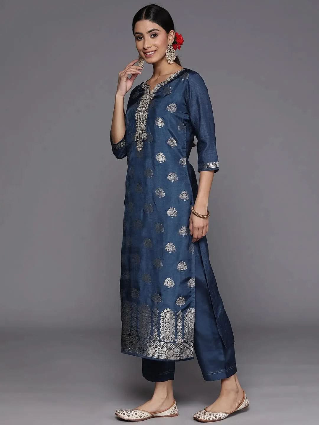 Blue Self Design Silk Suit Set With Trousers - Libas