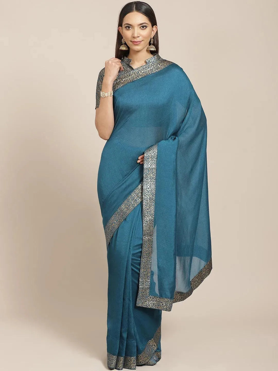 Blue Solid Chiffon Saree - Libas