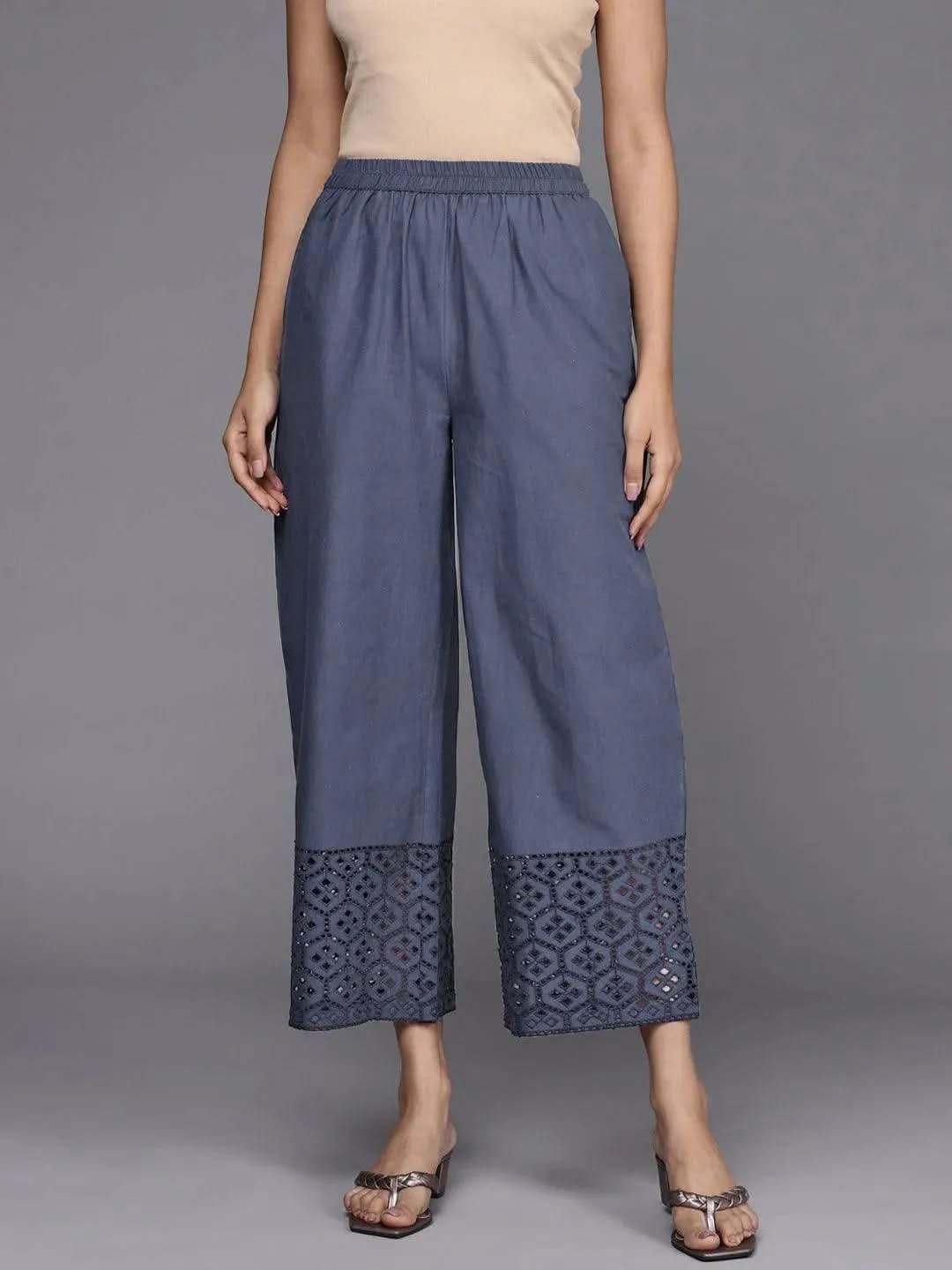 Blue Solid Cotton Palazzos - Libas