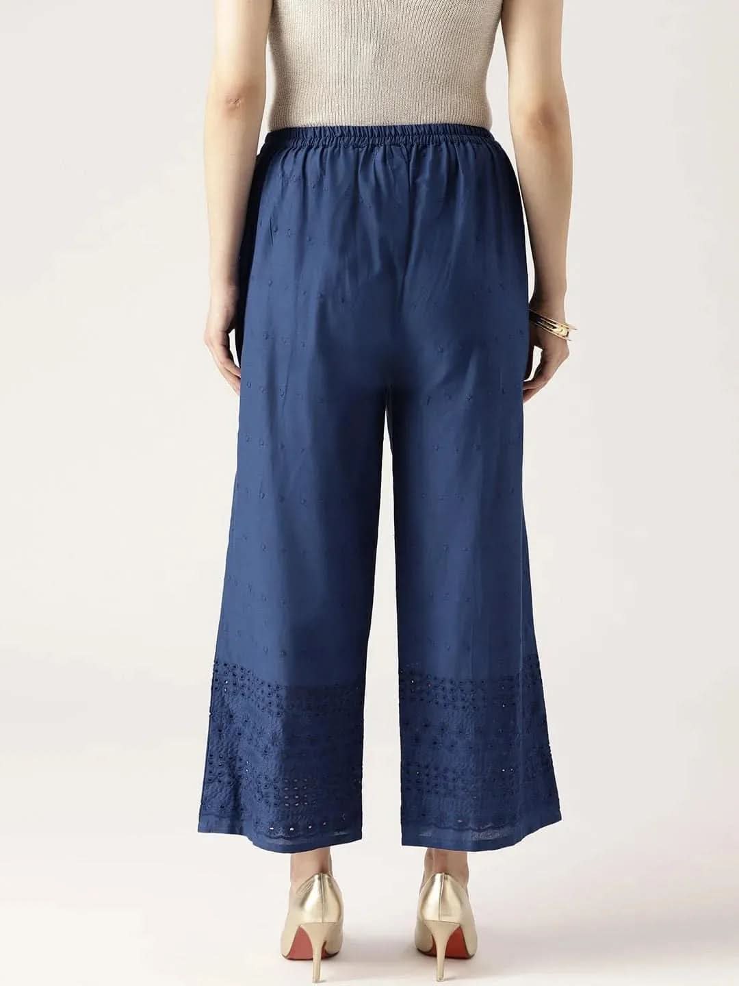 Blue Solid Cotton Palazzos - Libas