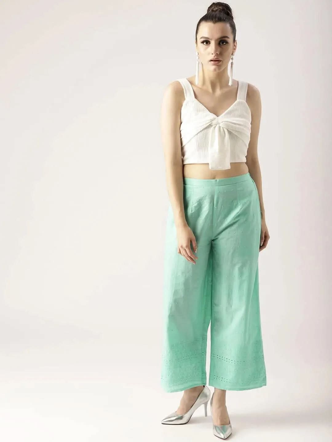 Blue Solid Cotton Palazzos - Libas