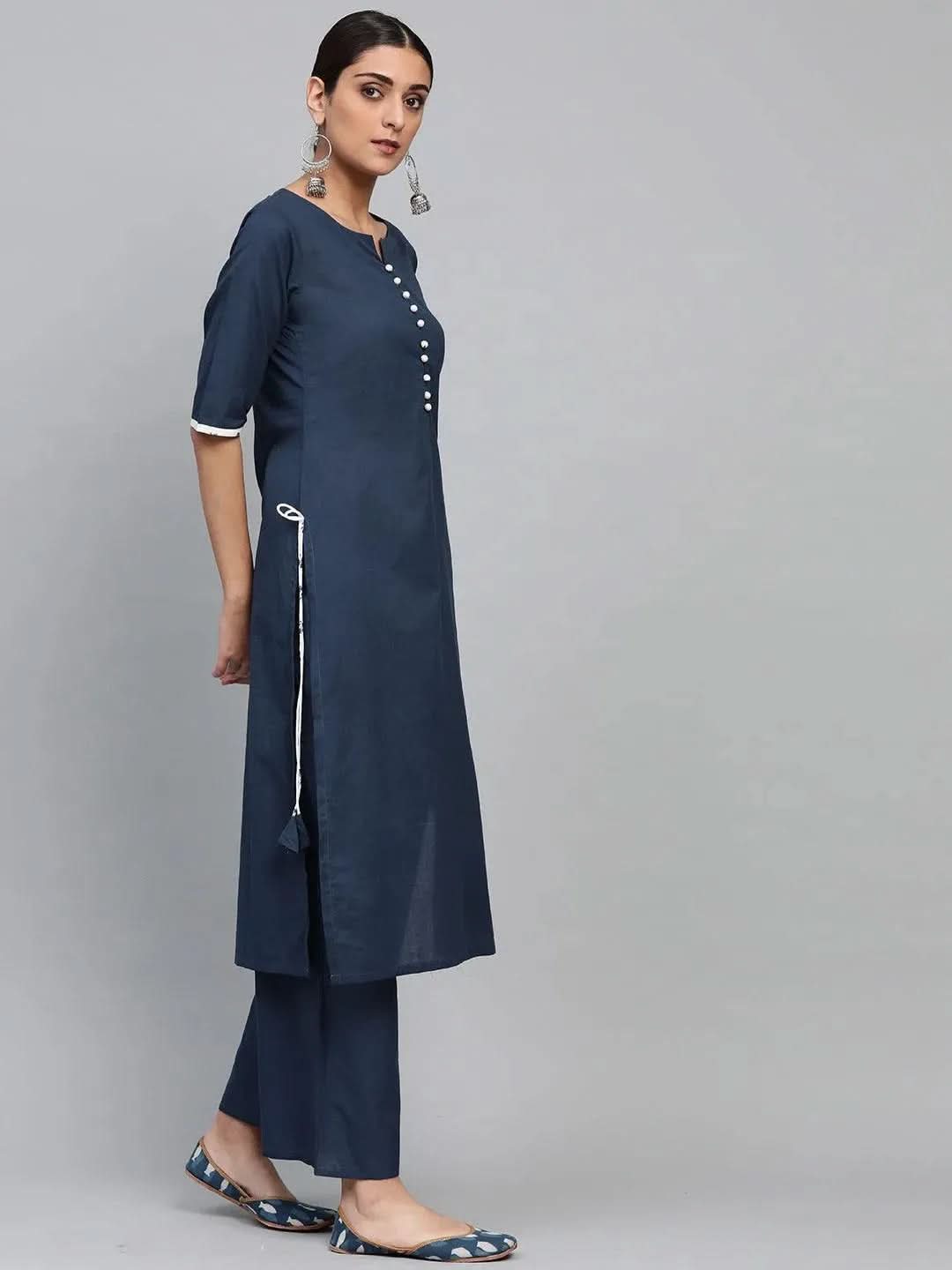 Blue Solid Cotton Suit Set - Libas