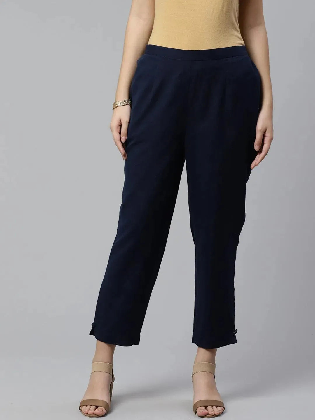 Blue Solid Cotton Trousers - Libas