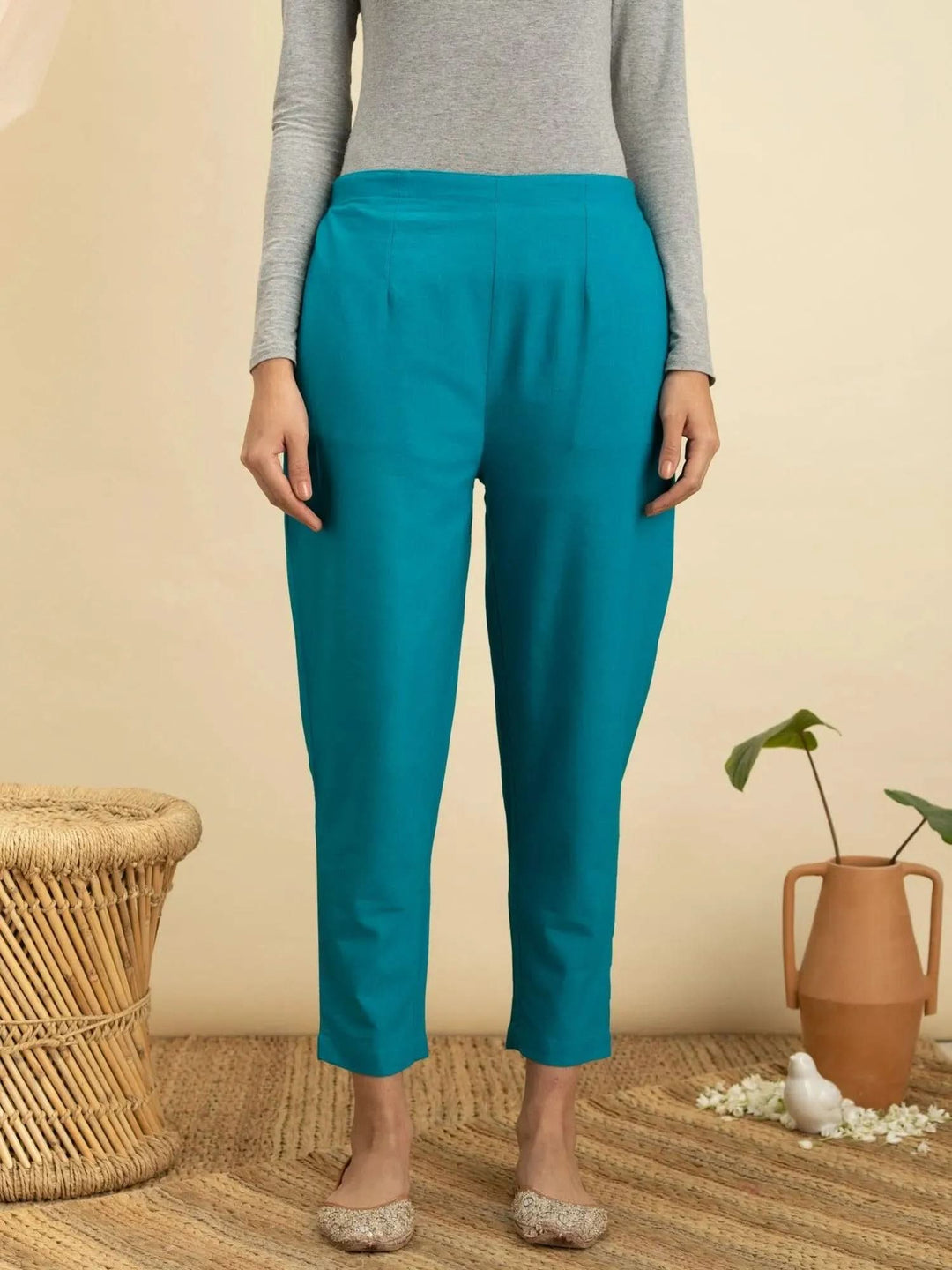 Blue Solid Cotton Trousers - Libas