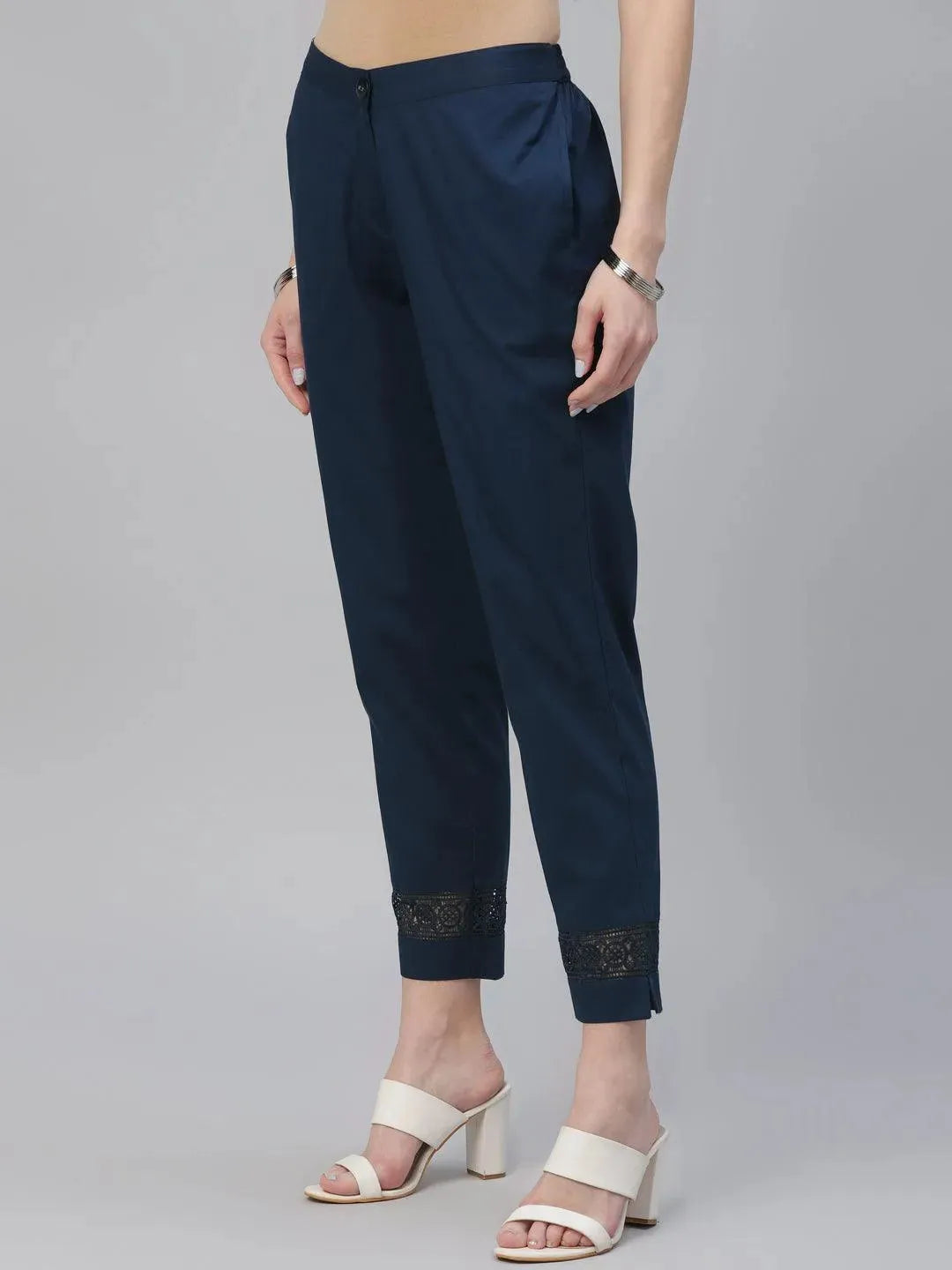 Blue Solid Cotton Trousers - Libas