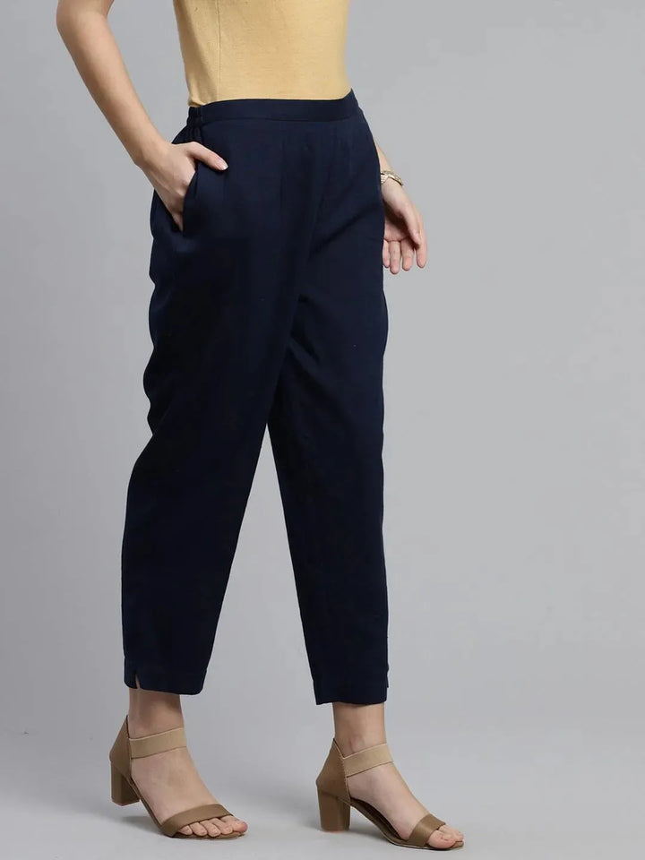 Blue Solid Cotton Trousers - Libas
