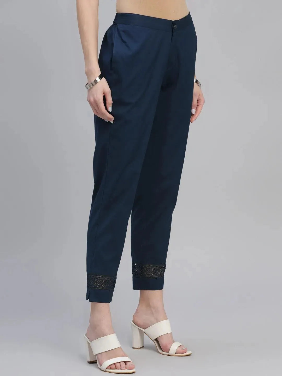 Blue Solid Cotton Trousers - Libas