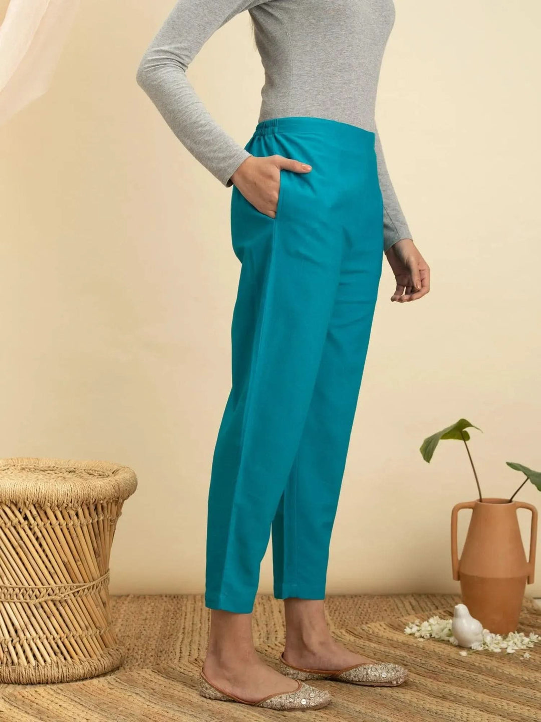Blue Solid Cotton Trousers - Libas