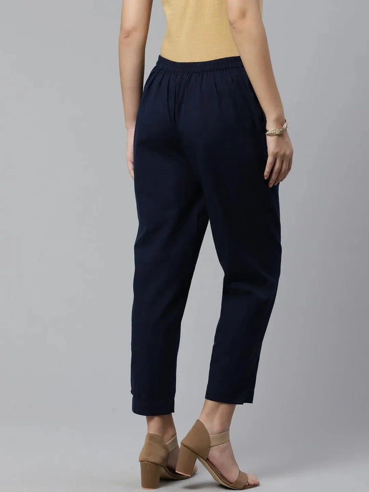Blue Solid Cotton Trousers - Libas