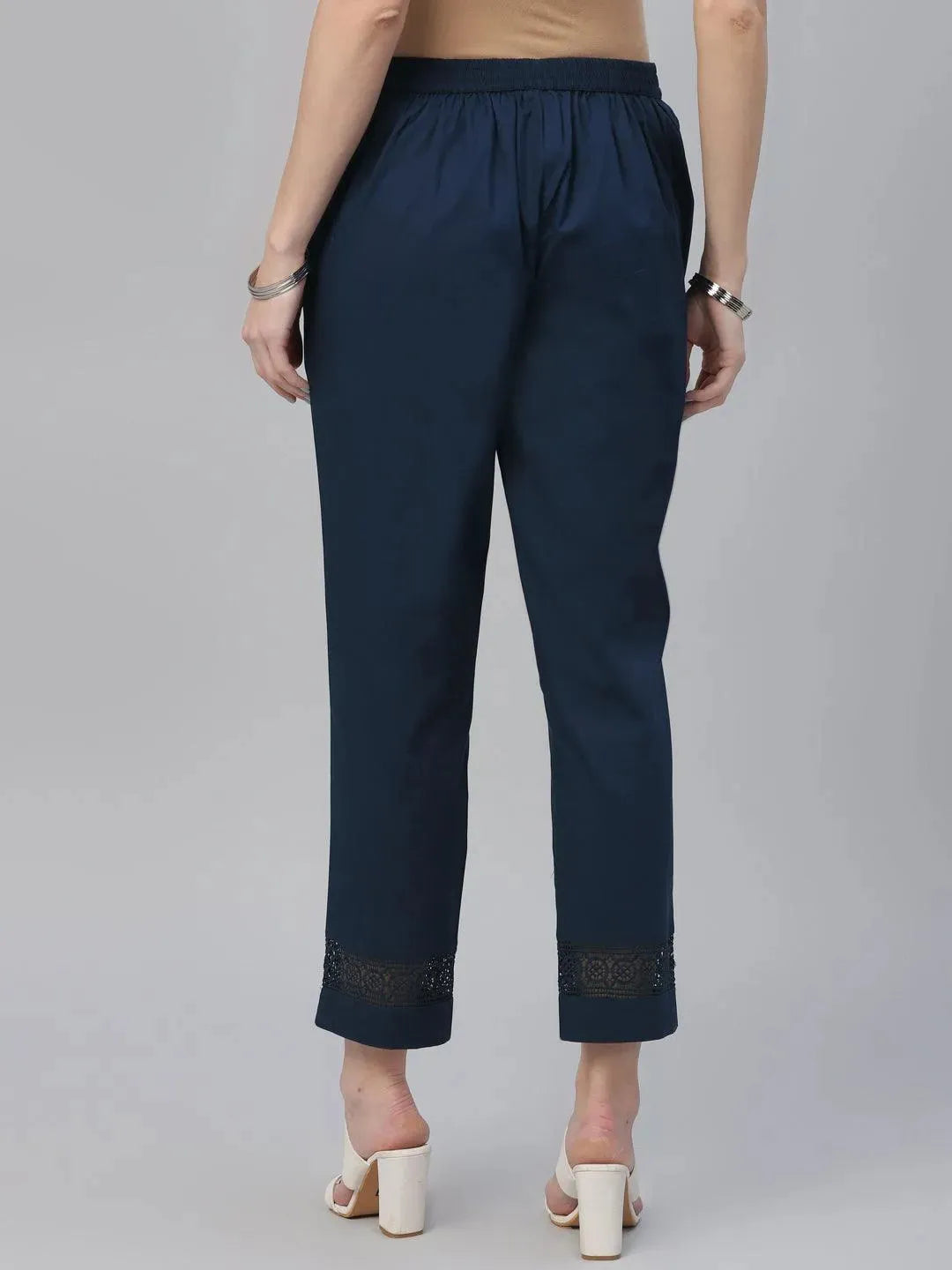 Blue Solid Cotton Trousers - Libas