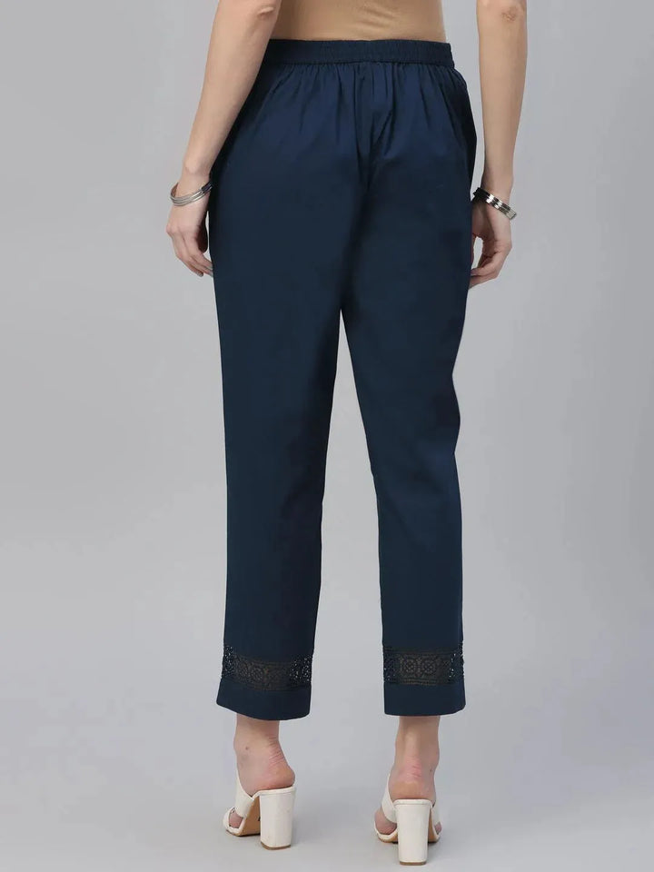 Blue Solid Cotton Trousers - Libas