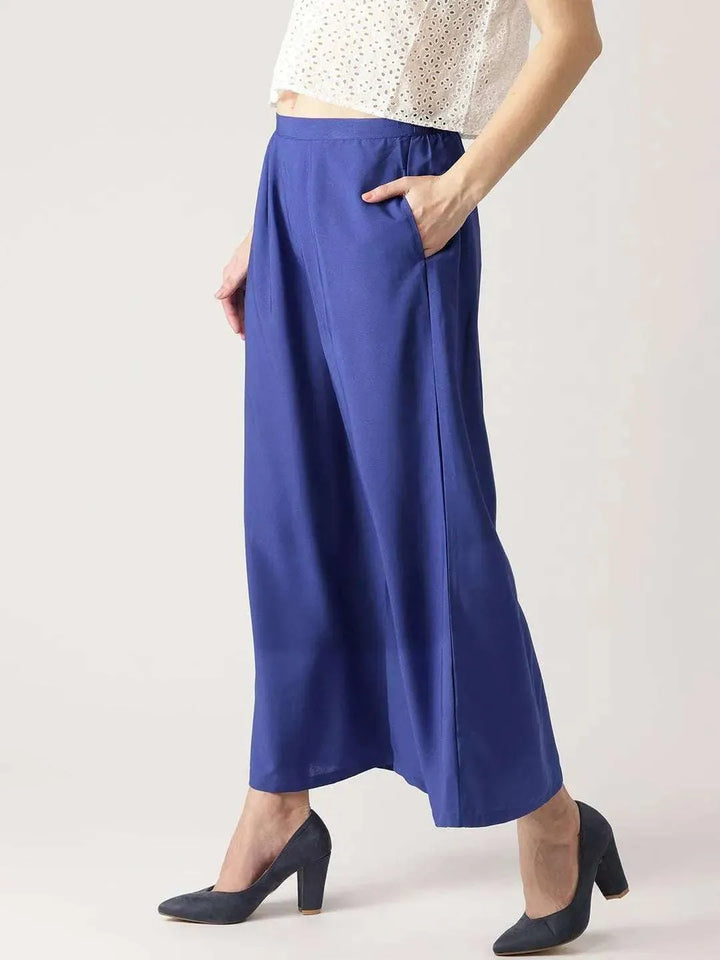 Blue Solid Crepe Palazzos - Libas