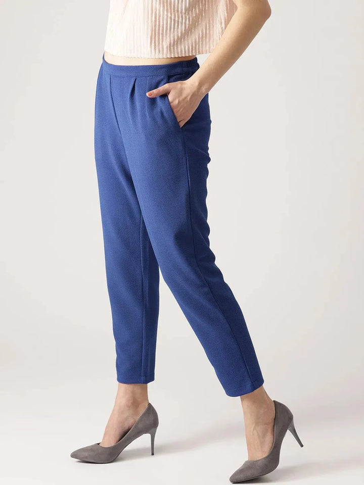 Blue Solid Polyester Trousers - Libas