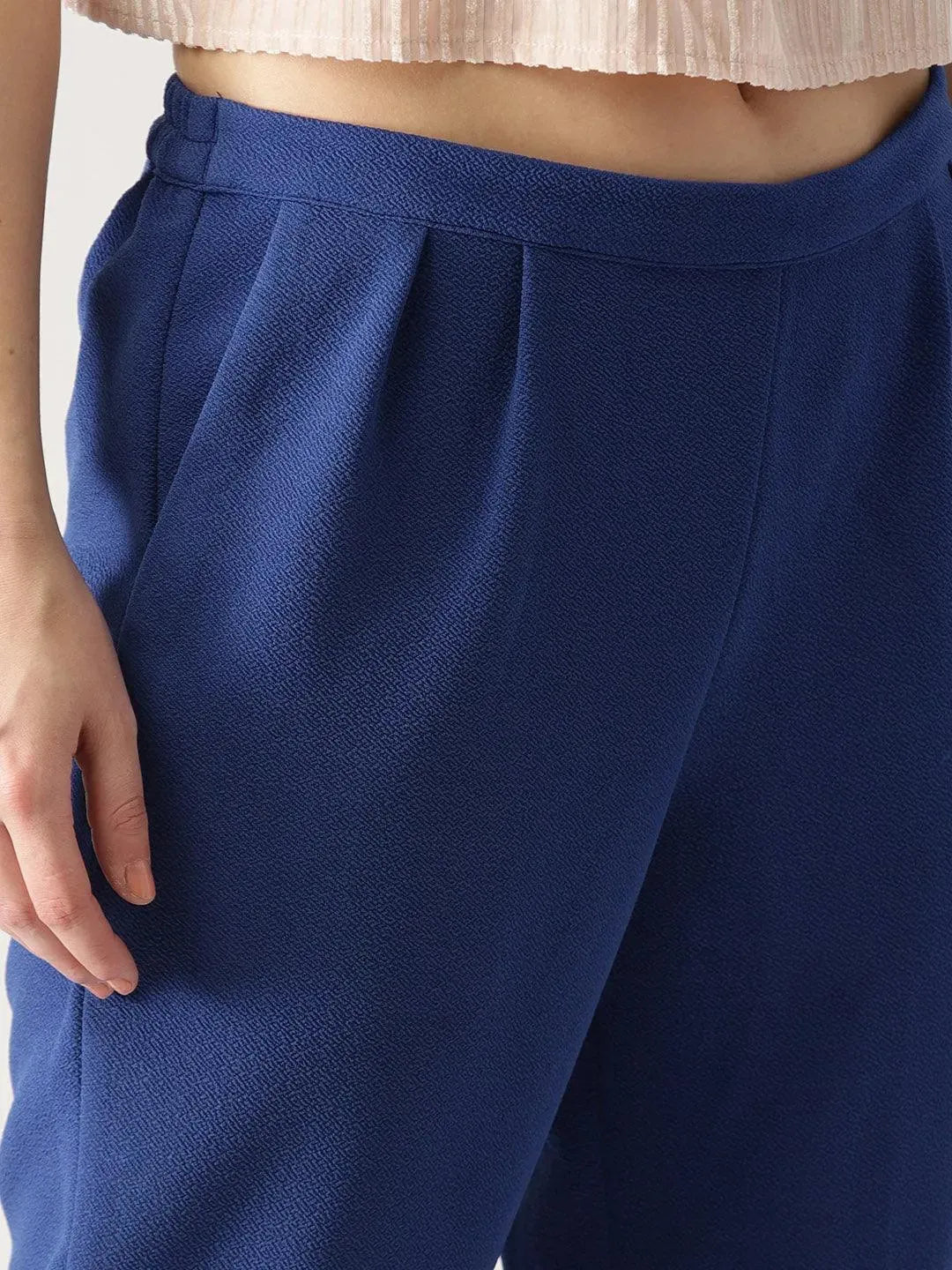 Blue Solid Polyester Trousers - Libas