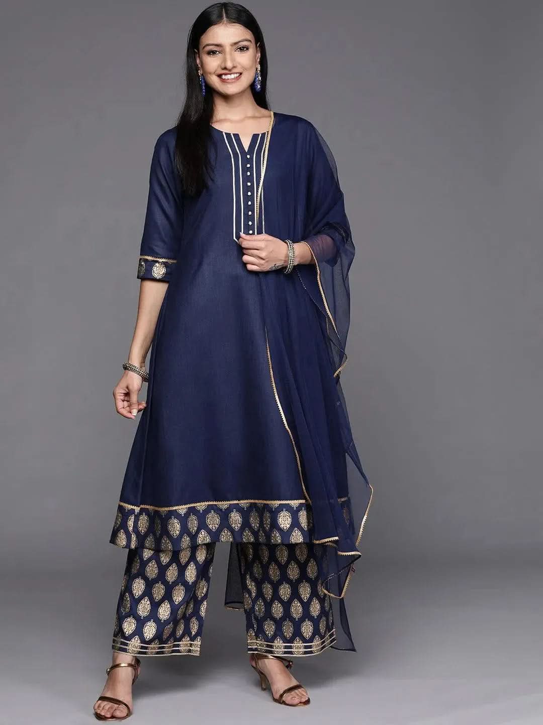 Blue Solid Rayon A-Line Kurta With Palazzos & Dupatta
Blue Solid Rayon A-Line Kurta With Palazzos & Dupatta