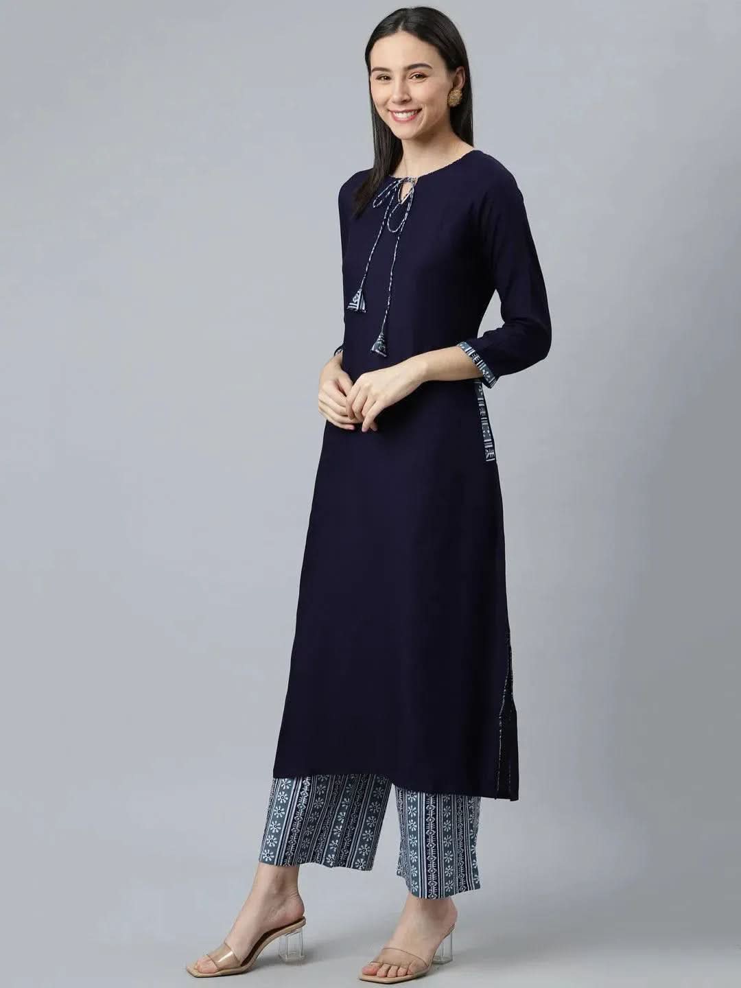 Blue Solid Rayon Suit Set - Libas