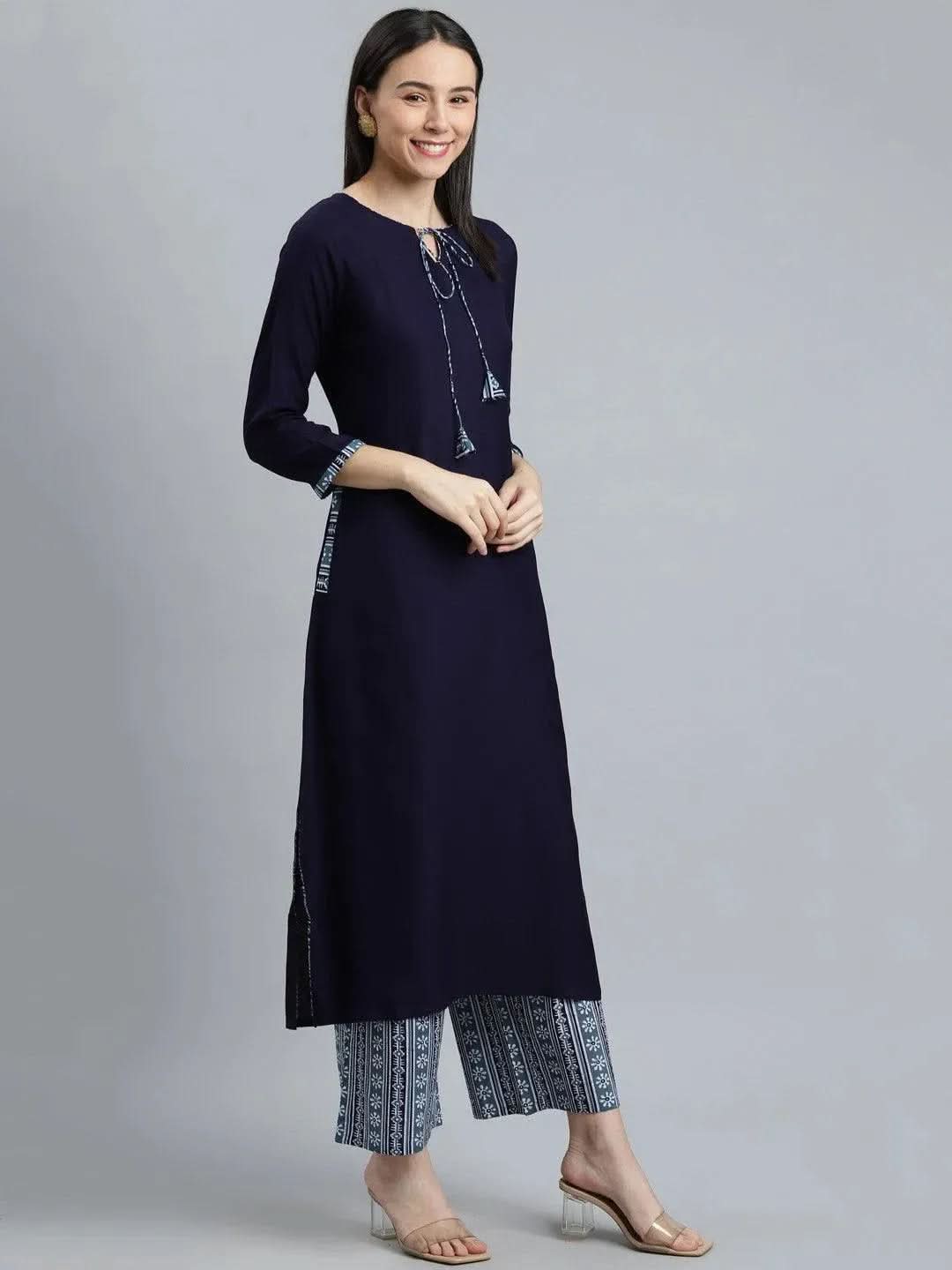 Blue Solid Rayon Suit Set - Libas