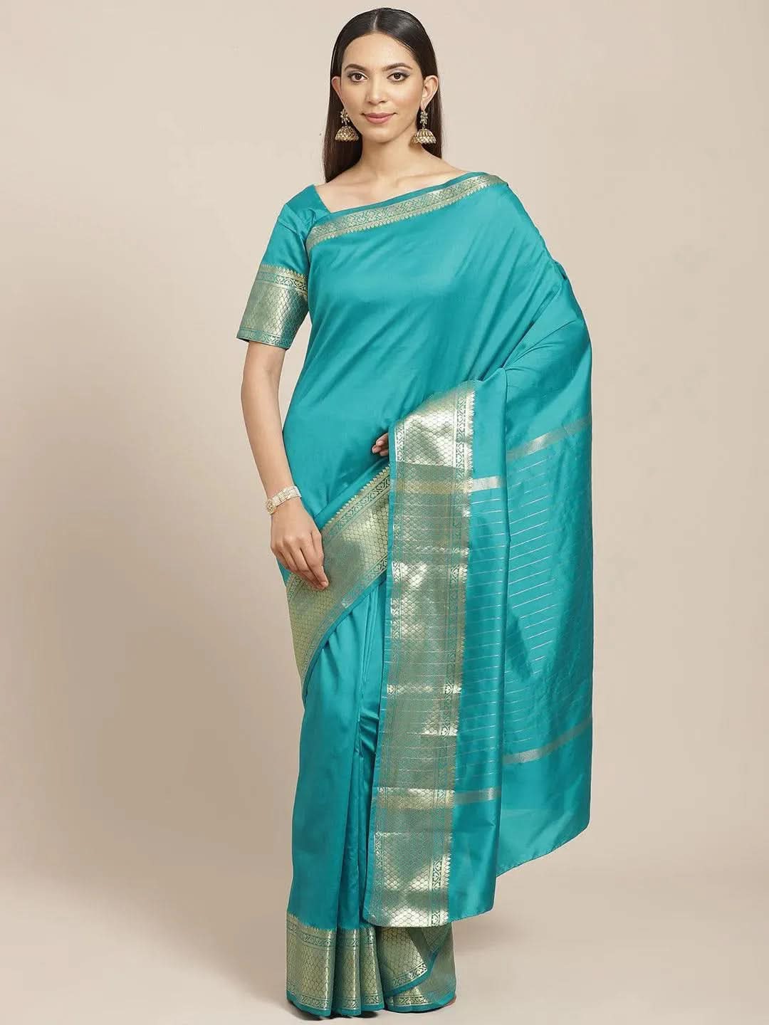 Blue Solid Silk Blend Saree - Libas