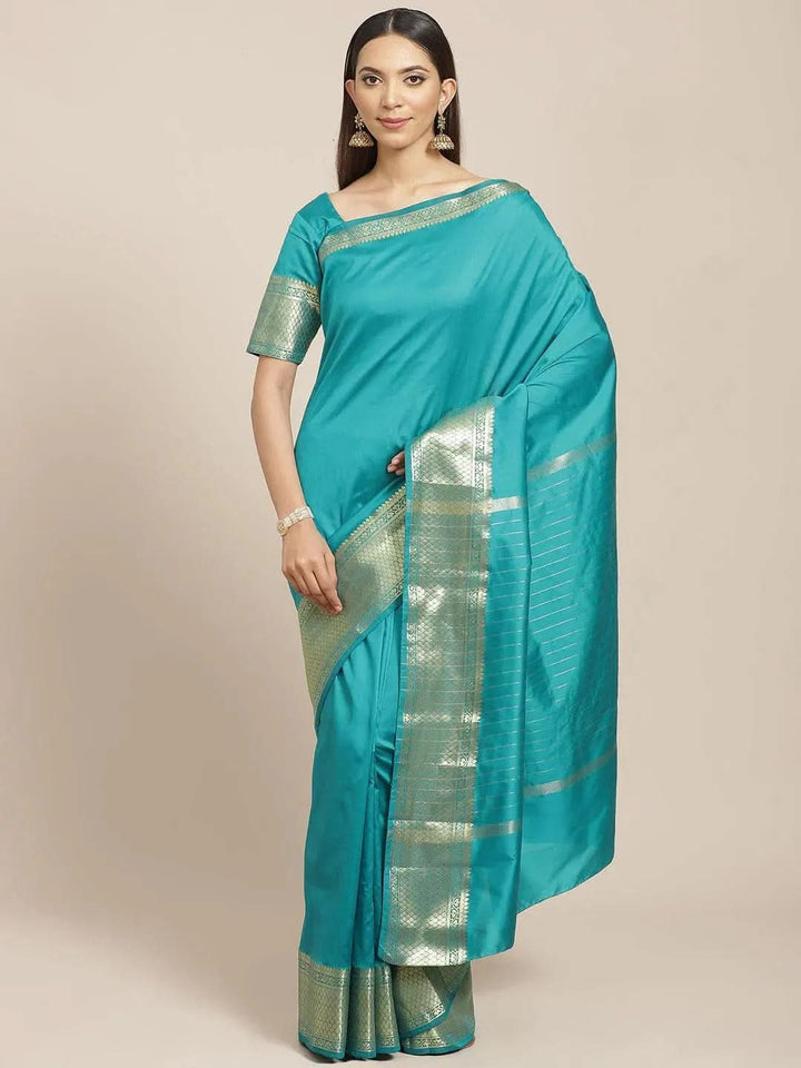 Blue Solid Silk Blend Saree - Libas