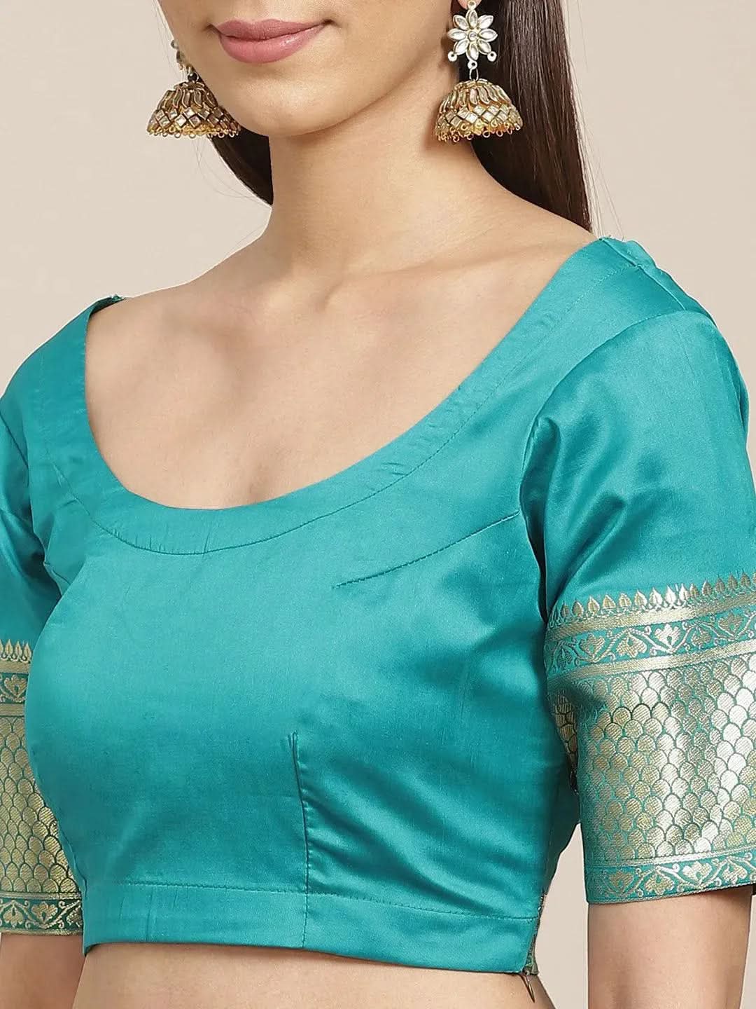 Blue Solid Silk Blend Saree - Libas