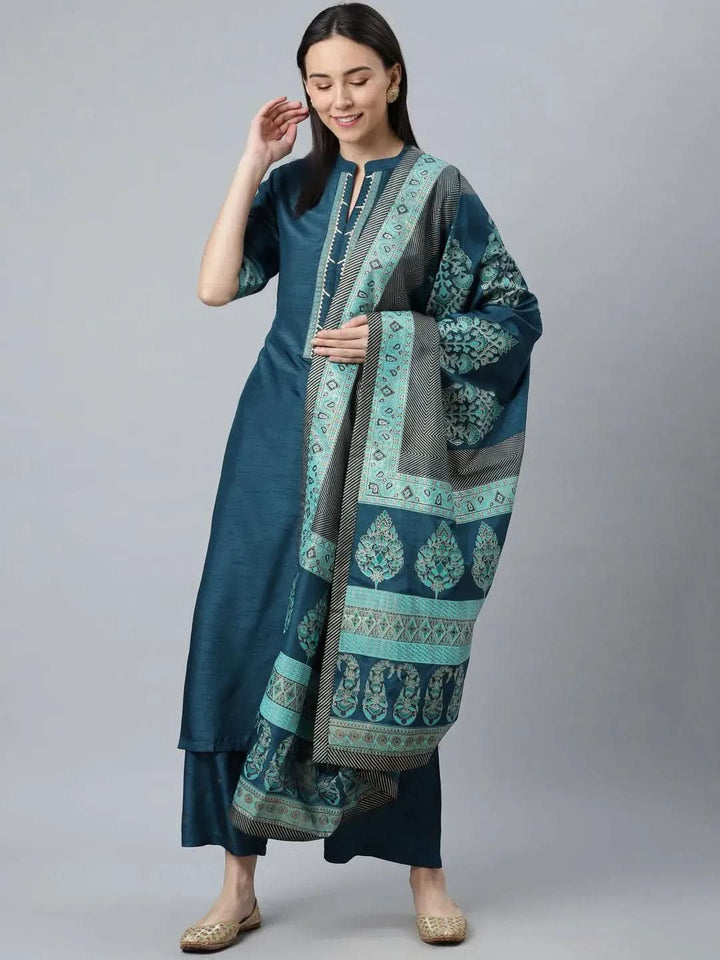 Blue Solid Silk Blend Suit Set - Libas