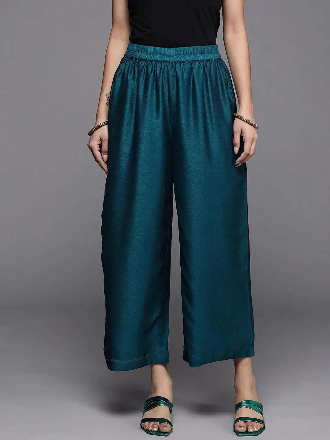 Blue Solid Silk Palazzos - Libas