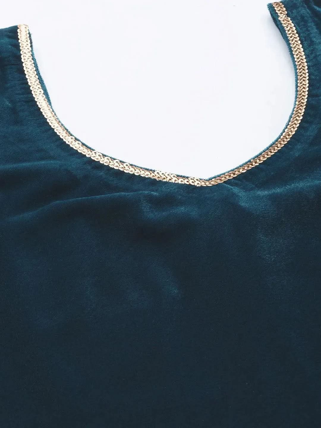 Blue Solid Velvet Straight Suit Set With Trousers - Libas