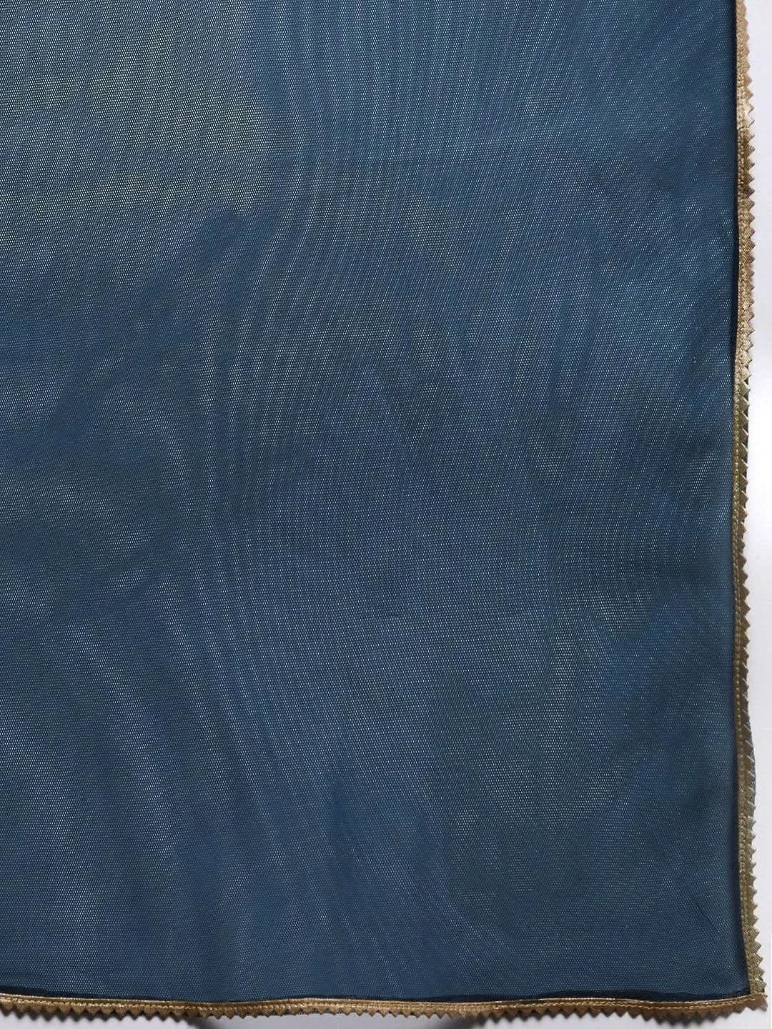 Blue Solid Velvet Straight Suit Set With Trousers - Libas