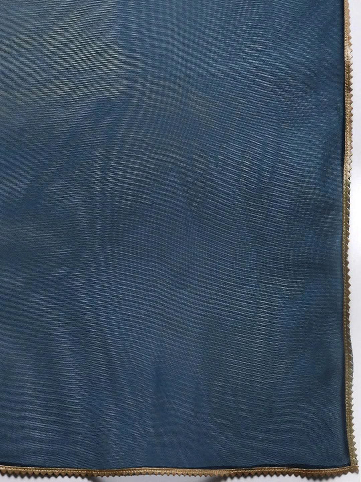 Blue Solid Velvet Straight Suit Set With Trousers - Libas