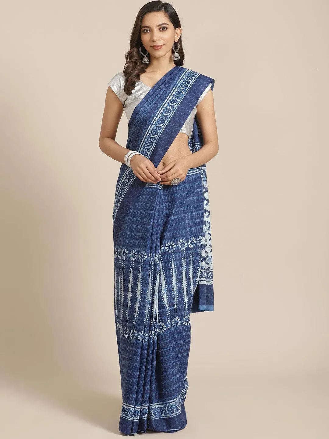 Blue Striped Cotton Saree - Libas