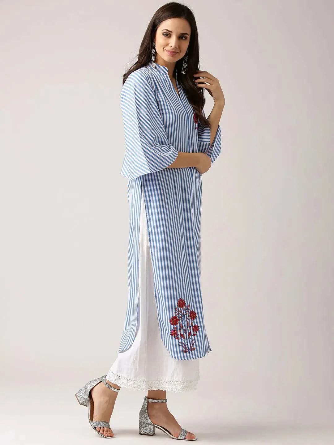 Blue Striped Polyester Kurta - Libas