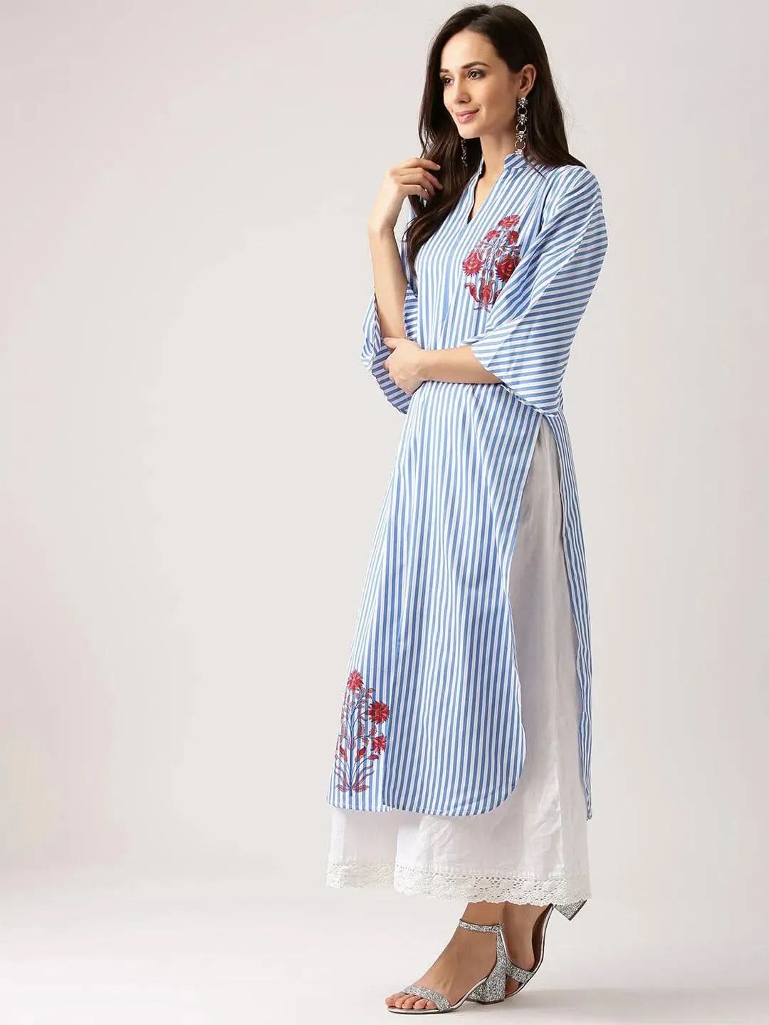 Blue Striped Polyester Kurta - Libas