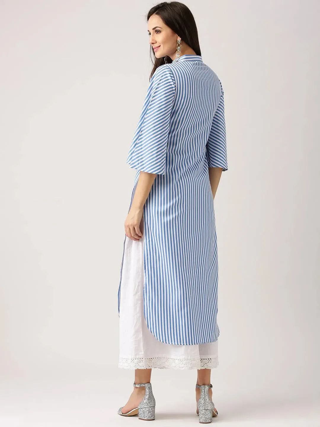 Blue Striped Polyester Kurta - Libas