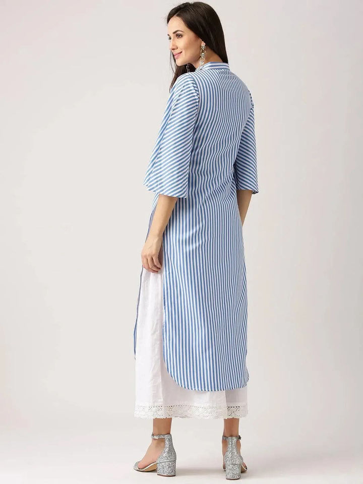 Blue Striped Polyester Kurta - Libas