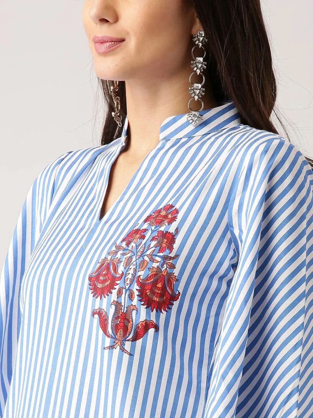 Blue Striped Polyester Kurta - Libas