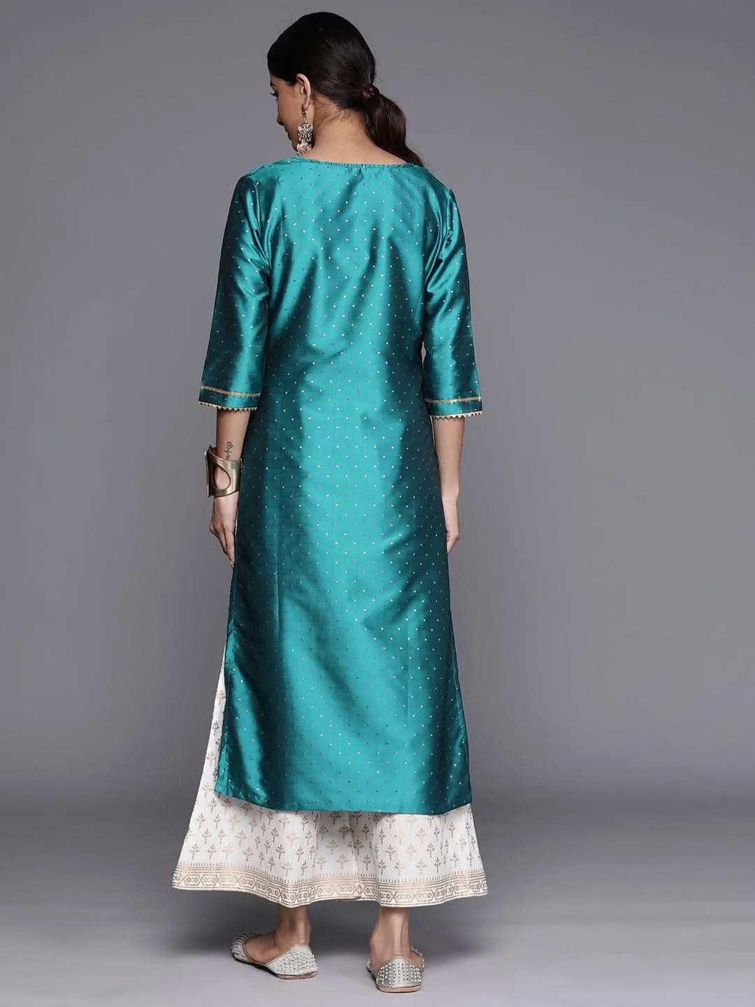 Blue Woven Design Art Silk Straight Kurta - Libas